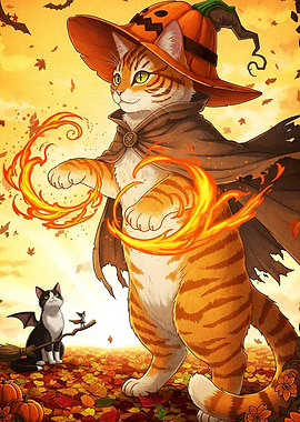 Halloween Cat Wizard Fire Magic
