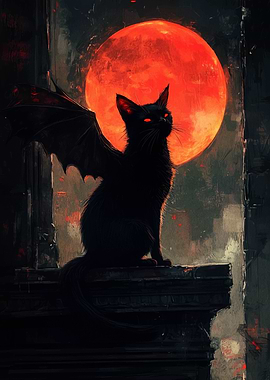 Bat-winged Cat with Red Moon