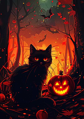 Halloween Night: Black Cat and Pumpkin