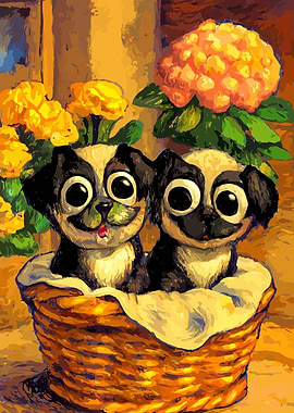 Two Puppies in a Basket Painting