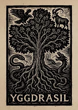 Yggdrasil Tree of Life Woodcut Art