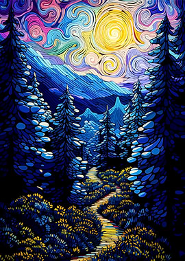 Stylized Forest Landscape with Swirling Sky