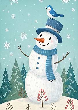 Snowman Bluebird Winter Scene