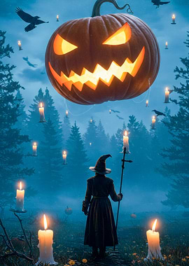 Halloween Witch with Pumpkin and Candles