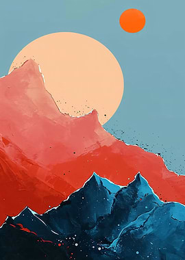 Abstract Mountain Landscape with Sun and Moon