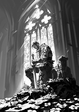 Pensive Knight in Ruined Cathedral