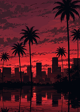 Red Sunset Cityscape with Palm Trees