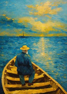 Man in Boat, Ocean View Painting