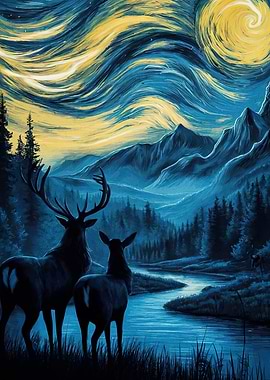 Deer Starry Night Landscape