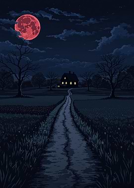 Pixel Art: House under Blood Moon