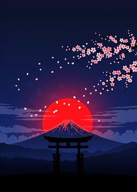 Mount Fuji Sunset with Cherry Blossoms