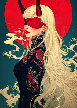 Blindfolded Demon Girl with Dragon Dress