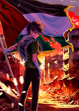 Anime Boy with Palestine Flag in Ruins