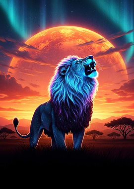 Lion Roaring Aurora Moon
