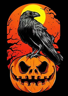 Raven on Jack-o'-lantern Halloween Illustration