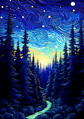 Starry Night Forest Landscape Art
