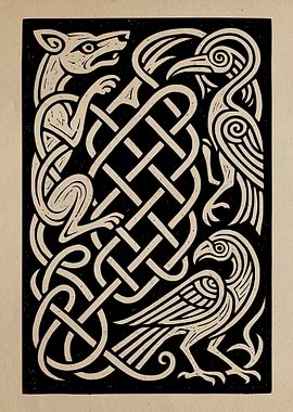 Celtic Knotwork with Wolf and Ravens