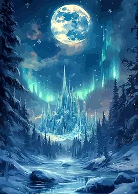 Winter landscape with ice castle and aurora