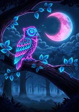 Neon Owl Moon Animal