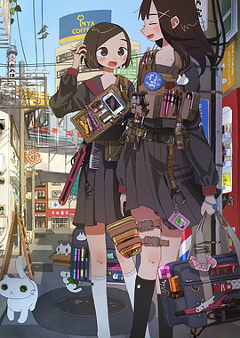 Anime Girls in Urban Street Scene
