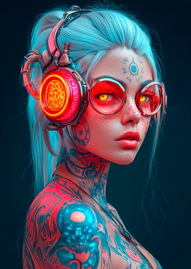 Cyberpunk Girl with Tattoos and Headphones