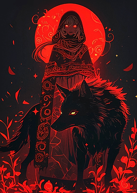 Red Moon, Hooded Figure, and Wolf