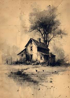 Rural House Sketch with Chickens