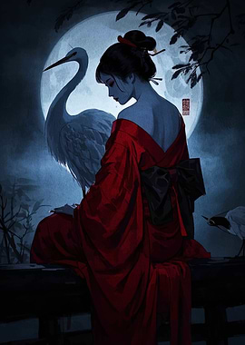 Geisha with Crane under Moonlight