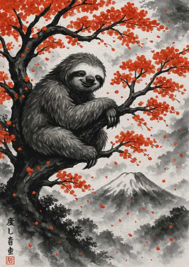Sloth in Autumn Tree with Mountain