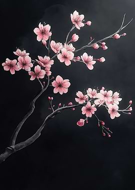 A glowing sakura branch with soft black shadows