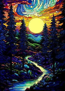 Colorful Landscape with River and Trees