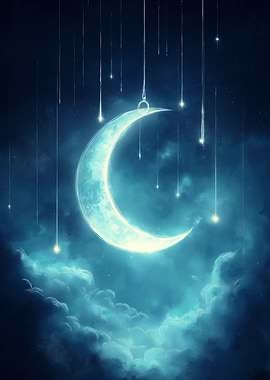 A glowing crescent moon hanging in a dark sky