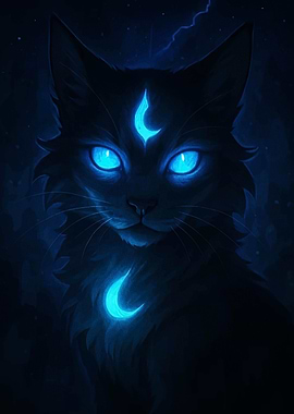Mystic Cat with Glowing Crescent Moons