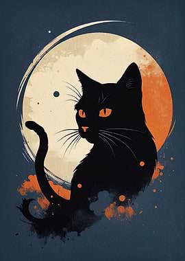 Black Cat Silhouette with Moon