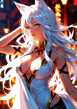 Anime Fox Girl with White Hair