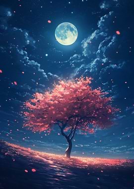 A glowing sakura tree with falling petals at night
