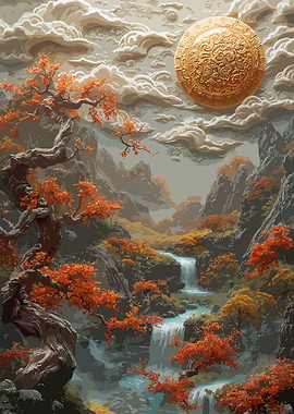 Pixel Art Landscape with Waterfall and Sun