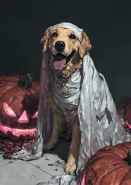 Golden Retriever Ghost with Pumpkins