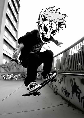 Skateboarder with Mask in Skatepark