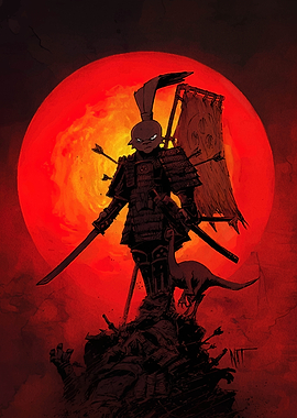 Rabbit Samurai Warrior with Red Moon