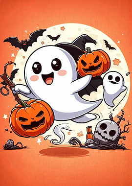 Cute Halloween Ghost with Pumpkins and Bats