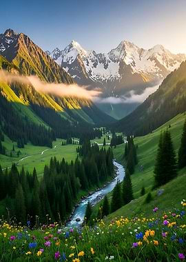 A Soothing Mountain Valley Landscape with River