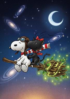 Snoopy and Faron on a broom