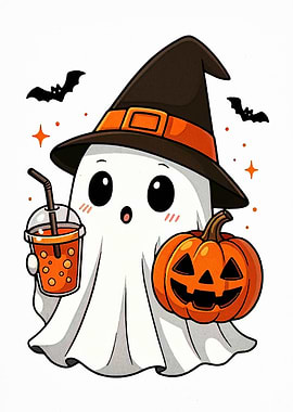 Cute Halloween Ghost with Pumpkin and Drink