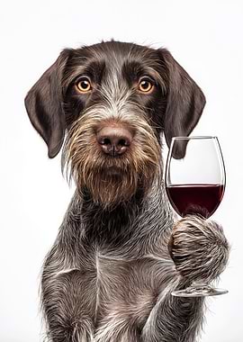 German Wirehaired Pointer dog with Wine Glass Portrait