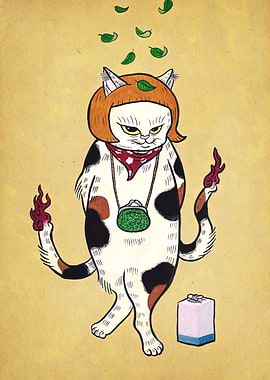Stylized Cat with Flames and Leaves
