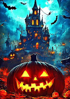 Halloween Pumpkin and Haunted House