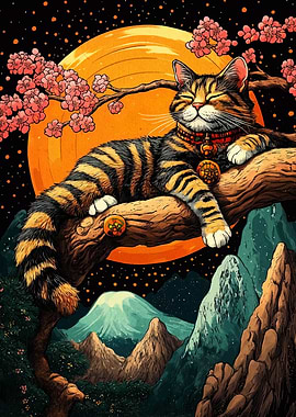 Zen Cat on Branch with Moon