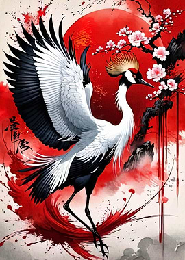 Japanese Crane with Cherry Blossoms Art