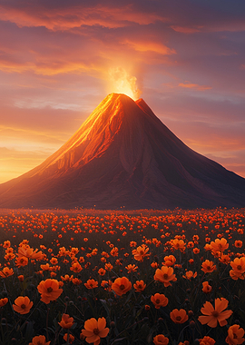 Volcano and Orange Flower Field